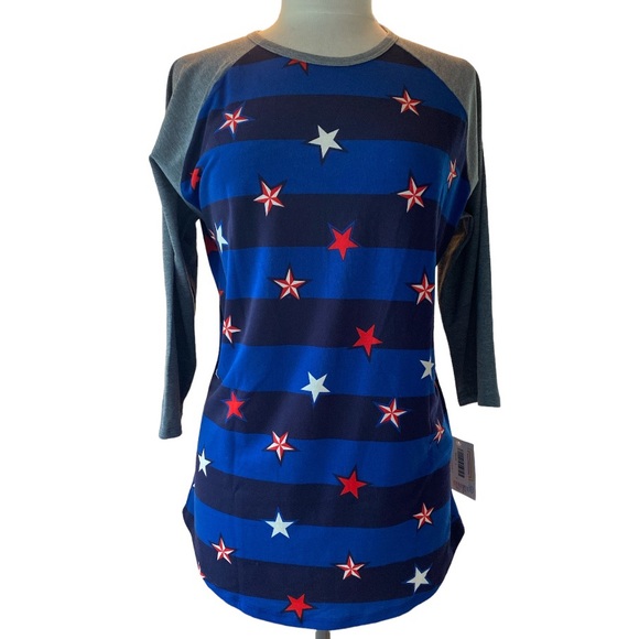 LuLaRoe Randy Raglan T-Shirt July 4th Stars and Stripes Blue/Red/White/Grey - Picture 2 of 7